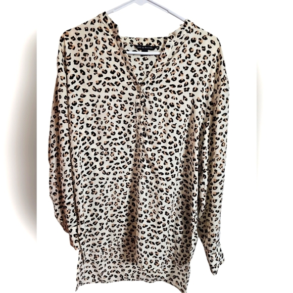 Zac & Rachel Cheetah Animal Print Blouse Large Brown White Long Sleeve Career - Picture 2 of 7